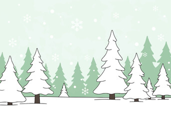 Obraz premium Winter scene with evergreen trees covered in snow, set against a light green background with falling snowflakes.