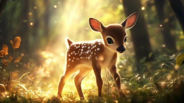 Young fawn standing in forest sunlight with blurred background