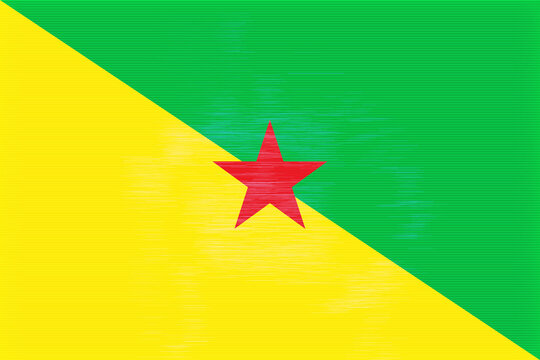 A vibrant graphic illustration of the French Guiana flag, showcasing its distinctive yellow, green, and red star elements in a textured, eye-catching design. - Powered by Adobe