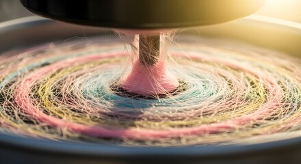 A vivid, atmospheric reinterpretation of cotton candy machine spinning in action, motion blur of sugar threads forming, close-up macro shot, written with richer detail and modern clarity.