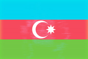 A vibrant, stylized illustration of a national banner featuring horizontal bands of blue, red, and green, embellished with a white crescent moon and eight-pointed star, conveying