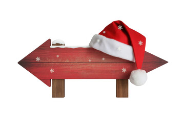Red wooden arrow sign with Santa hat and snow isolated on a transparent background