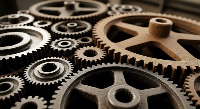 Industrial gears and cogs demonstrating mechanical engineering with vintage and rusty elements