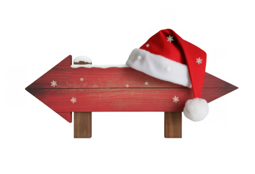 Red wooden arrow sign with Santa hat and snow isolated on a transparent background
