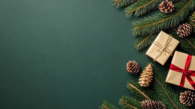 Beautifully arranged gifts and pine cones sit among pine branches, creating a festive atmosphere perfect for holiday celebrations