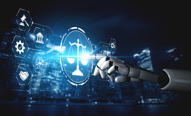 Obraz premium AI regulates digital law through compliance dashboards, justice-oriented tools, and secure automation for ethical governance and technology policy alignment. Artificial intelligence spline