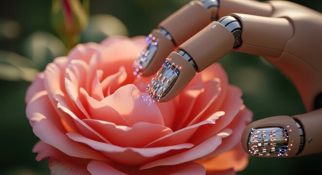 Robotic fingers gently touch the delicate petals of a blooming peach colored rose in a garden setting - Powered by Adobe