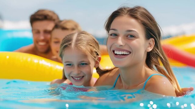 A family group moves forward in a sunny outdoor pool as children rise closer to the camera and adults follow behind, capturing joyful synchronized motion and cheerful expressions across dynamic