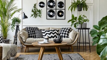 A cozy living room features a stylish arrangement of plants, comfortable seating, and unique wall art for a welcoming environment