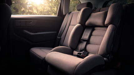 Child car seat in backseat with safety harness and soft sunlight