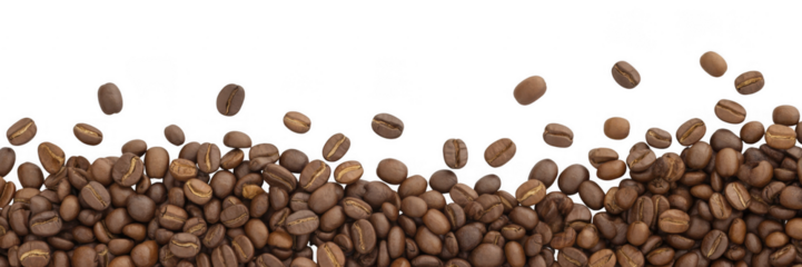 Roasted coffee beans falling and piled on black background isolated on a transparent background