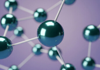 Abstract 3d rendering of a molecular structure with interconnected metallic green spheres and thin white connecting rods against a soft purple background