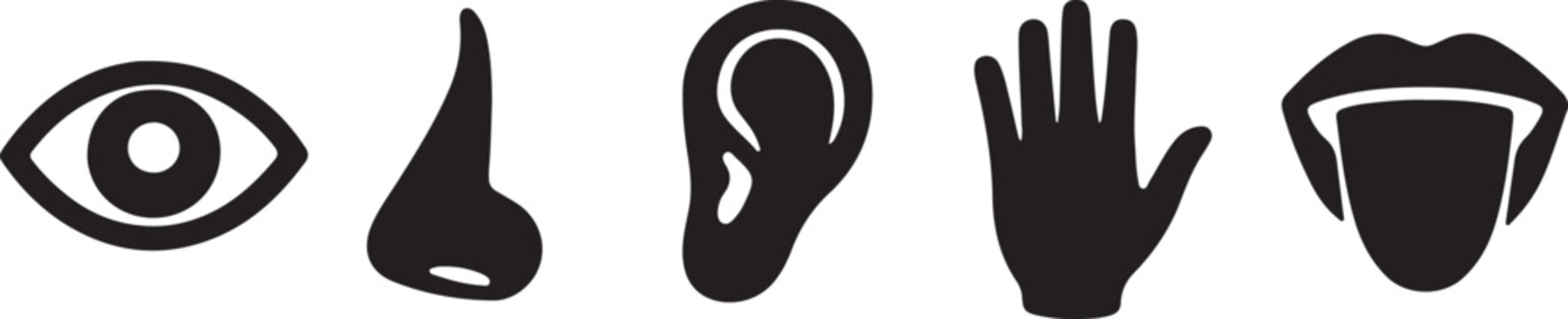 Human senses icon set. Vision eye, smell nose, hearing ear, touch hand, taste mouth with tongue silhouette vector illustration