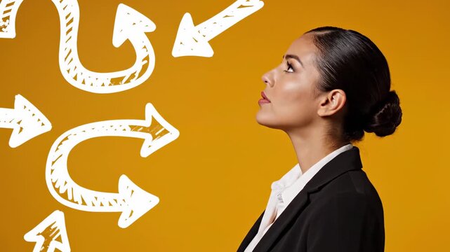 Profile of a pensive businesswoman making a crucial decision while surrounded by multiple confusing, hand drawn arrows pointing in various directions, symbolizing choice, uncertainty, and strategy