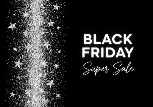 Elegant black friday super sale announcement with a shimmering vertical stripe of silver glitter and starbursts on a dark background