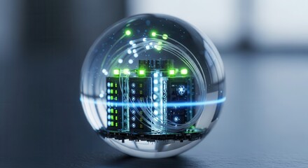 Illuminated digital hardware infrastructure is contained within a clear glass sphere resting on a surface