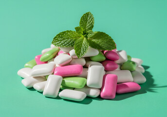 A vibrant pile of assorted colorful chewing gum pieces with fresh mint leaves on top against a teal background