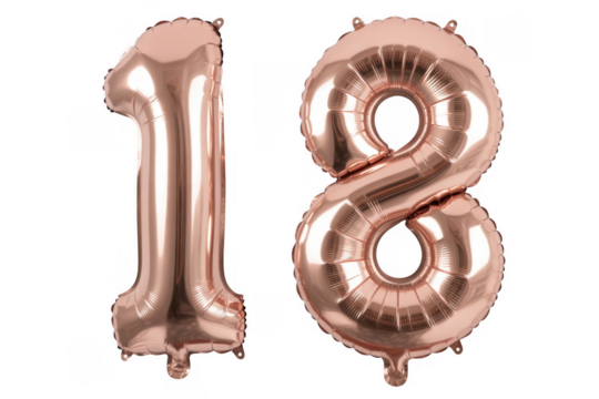 Rose gold number 18 balloons isolated on a transparent background