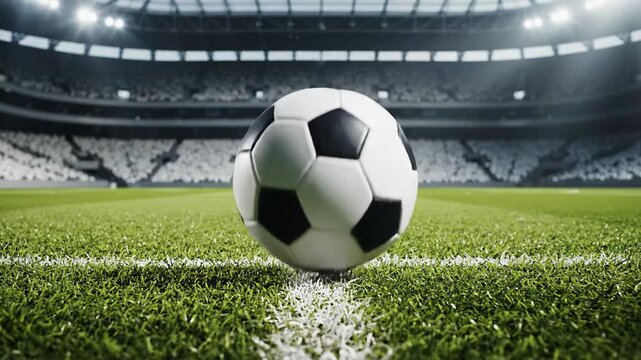 Dynamic Soccer Ball Animation on Lush Green Field Under Stadium Lights Capturing the Excitement of