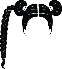 Stylized black silhouette vector of a distinctive female hairstyle featuring two prominent space buns and a long flowing braided pigtail graphic. isolated on transparent background, Vector