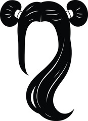 Stylized black silhouette of female hair with two buns and long flowing strands, graphic element for fashion and beauty projects isolated on transparent background, Vector