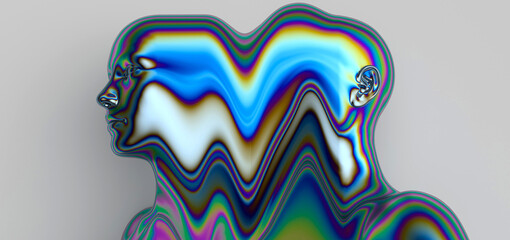 Surreal 3D illustration of a double human bust with a glossy, iridescent rainbow surface and Y3K-style fluid distortion. Conceptual 3D illustration for futuristic, identity, and digital art themes.