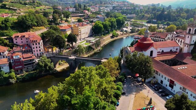 Amarante, Portugal from Above &ndash; Cinematic Drone View of Historic Bridge, Old Town and Riverside Landscape. Portugal Landmarks