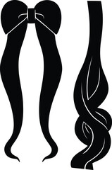 Stylized black silhouette vector illustration of a decorative bow with long flowing ribbons and an intricately braided hair strand on white. isolated on transparent background, Vector