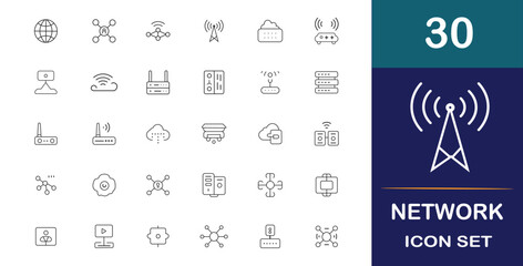 Network Web Icon with a Line Style.  An assortment of linear icons related to information technology, such as wireless, router, signal, connection, communication, technology, internet, and IT.
