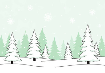 A winter scene featuring snow-covered evergreen trees in a forest, with snowflakes falling against a light green background.