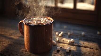 A steaming mug of hot cocoa with marshmallows on a wooden table,