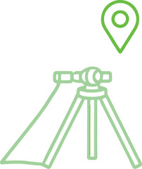 Green outline icon depicting a camera or surveying instrument on a tripod, paired with a distinct gps location pin symbol for mapping. isolated on transparent background, Vector