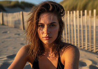 Young woman with windswept curly hair and serious expression sits on a sandy beach with a wooden fence behind her
