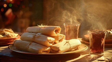 A steaming plate of tamales wrapped in corn husks, part of a traditional Christmas Eve meal, with a glass of punch nearby,