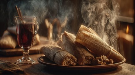 A steaming plate of tamales wrapped in corn husks, part of a traditional Christmas Eve meal, with a glass of punch nearby,