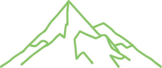 Minimalist light green outline illustration of a majestic mountain range, symbolizing nature's grandeur, challenge, growth, and quest. isolated on transparent background, Vector