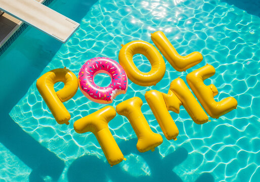 Bright yellow inflatable pool time letters float on sparkling turquoise water with a pink inner tube spelling out the word pool
