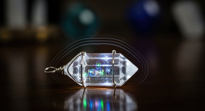 Illuminated quartz pendant displays internal colorful energy patterns on a dark reflective surface