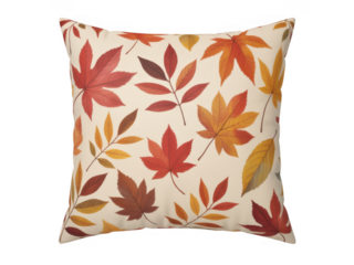 Square pillow with repeating pattern of autumn maple leaves in red orange and yellow isolated on a transparent background