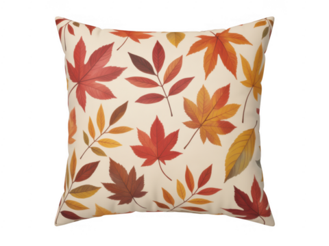 Square pillow with repeating pattern of autumn maple leaves in red orange and yellow isolated on a transparent background
