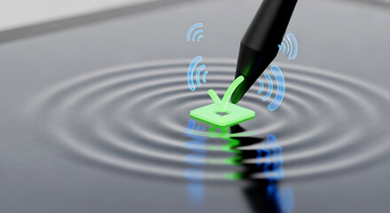 Digital pen confirms successful online transaction with checkmark on futuristic interface