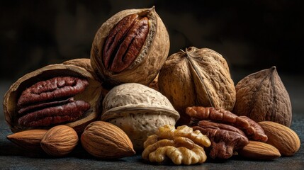 A still life arrangement of various types of holiday nuts in their shells, including pecans, walnuts, and almonds,