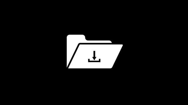 Simple white folder icon with a download arrow inside representing data transfer and file management on a black background