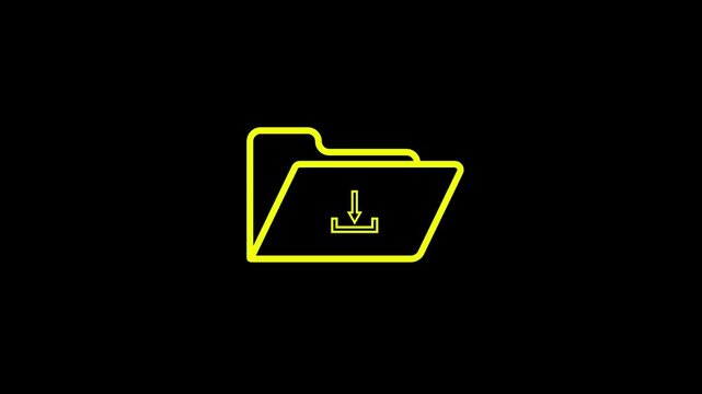Minimalist yellow outline of an open folder icon with a download symbol inside against a solid black background