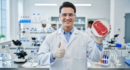 Smiling researcher presents raw meat sample on a petri dish within a modern laboratory setting