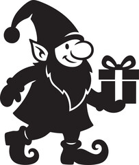 Vector Silhouette of a Happy Christmas Elf or Dwarf Character Holding a Gift Box