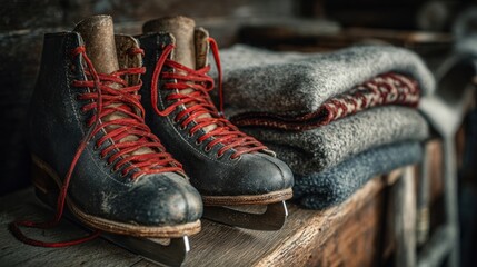 A still life of a pair of vintage ice skates with bright red laces, sitting on a wooden bench next to a wool blanket,