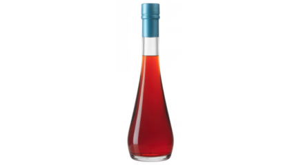 Tall glass bottle with red liquid and teal cap isolated on a transparent background