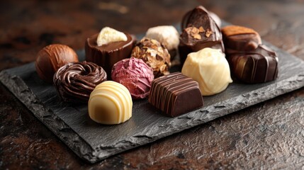 A still life of a selection of luxurious holiday chocolates, truffles, and bonbons arranged on a slate serving platter,