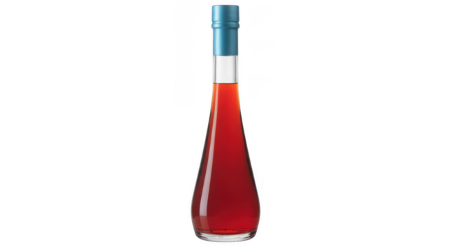 Tall glass bottle with red liquid and teal cap isolated on a transparent background